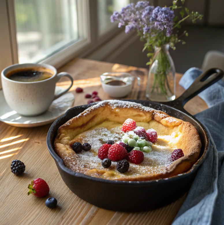 Puffed Dutch baby pancake with powdered sugar and berries in a cast iron skillet.