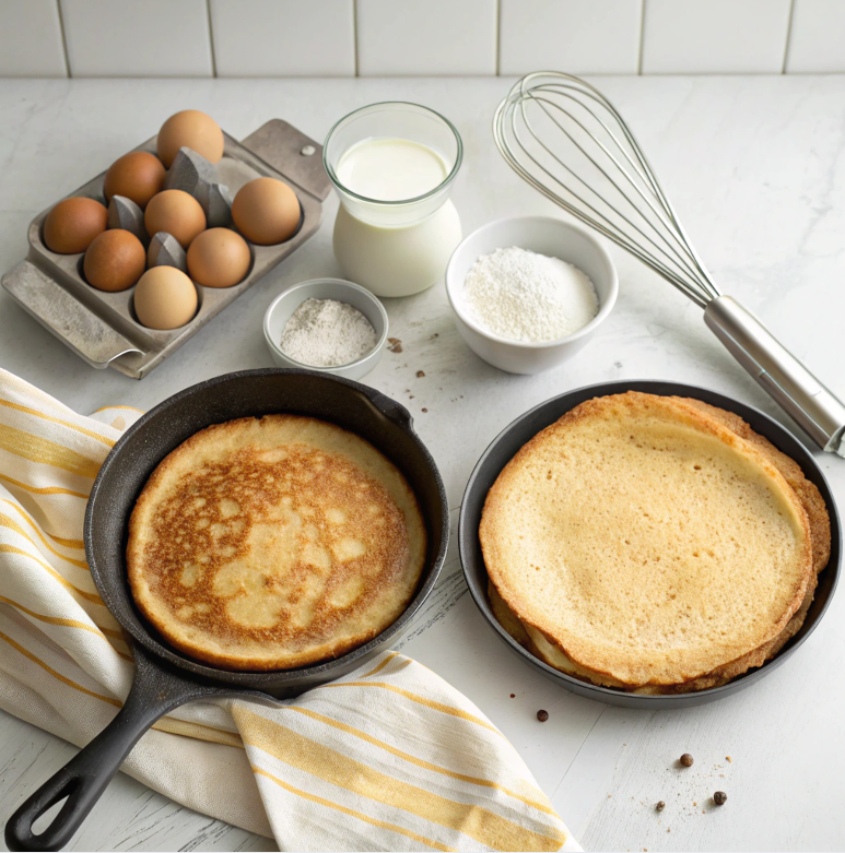 Comparison of a puffed Dutch baby pancake and a flat pancake side by side.