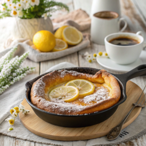 Rustic table with a Dutch baby pancake in a cast iron skillet.