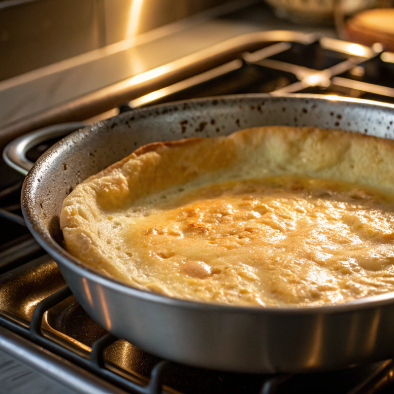 Dutch baby pancake rising in a stainless steel pan in the oven.