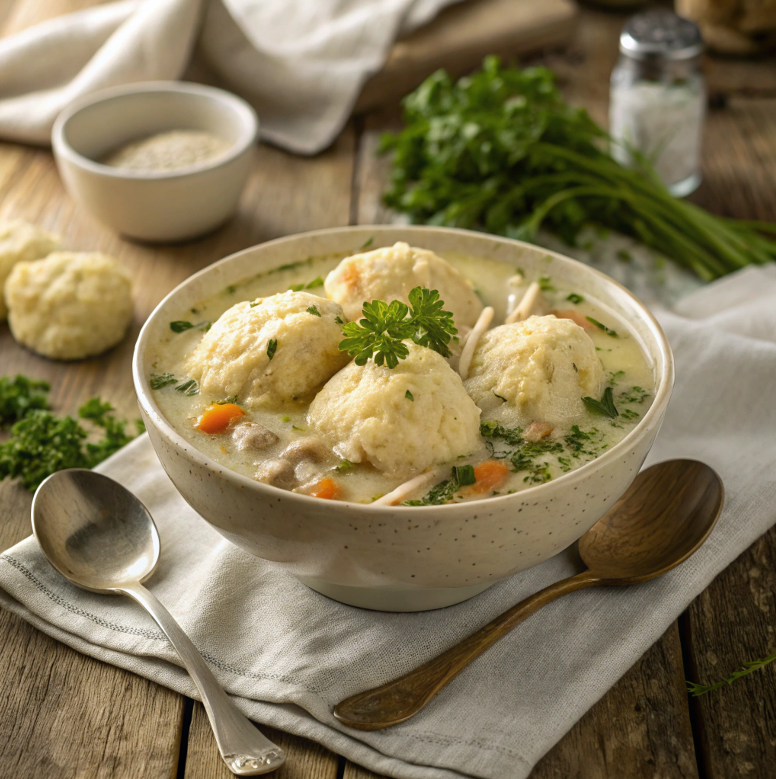 Bowl of creamy chicken and dumplings garnished with parsley