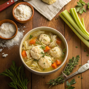 Steaming bowl of chicken and dumplings with fresh herbs and ingredients on a rustic table.