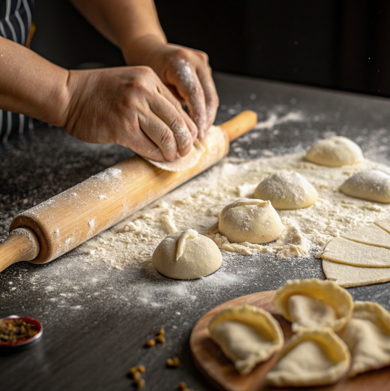 Hands shaping dumpling dough on a floured surface with a rolling pin.