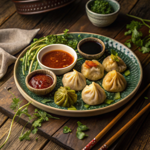 Assorted dumplings with dipping sauces on a wooden table