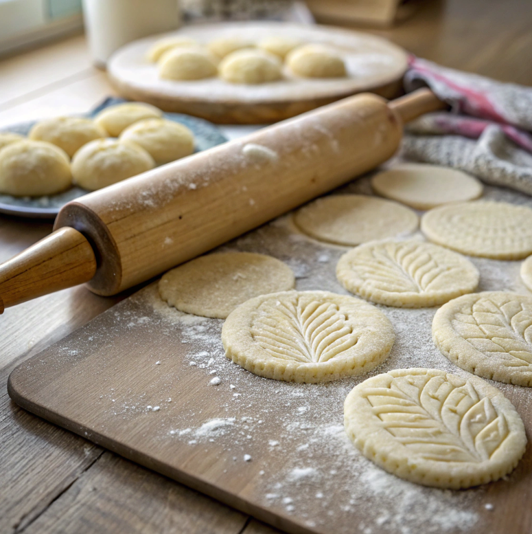 Biscuit dough and dumpling dough side-by-side on a wooden countertop.