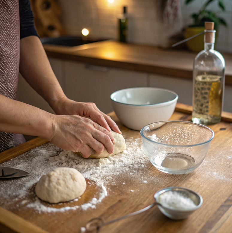 Hands kneading dumpling dough on a floured surface.