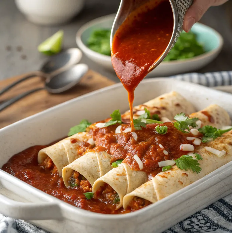 Red chili sauce being poured over enchiladas.