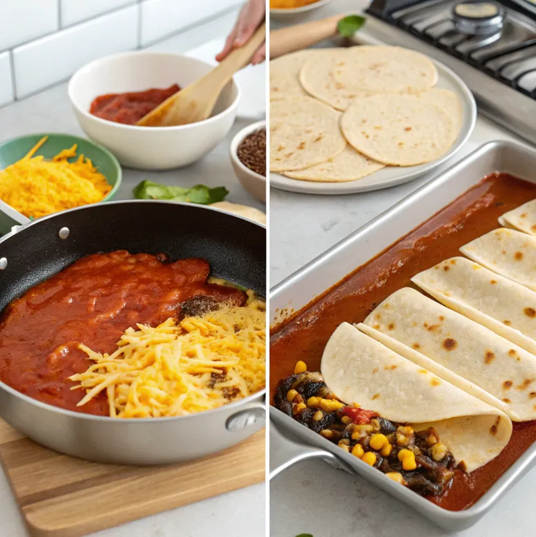 Preparation of enchilada casserole with tortillas, sauce, and fresh ingredients