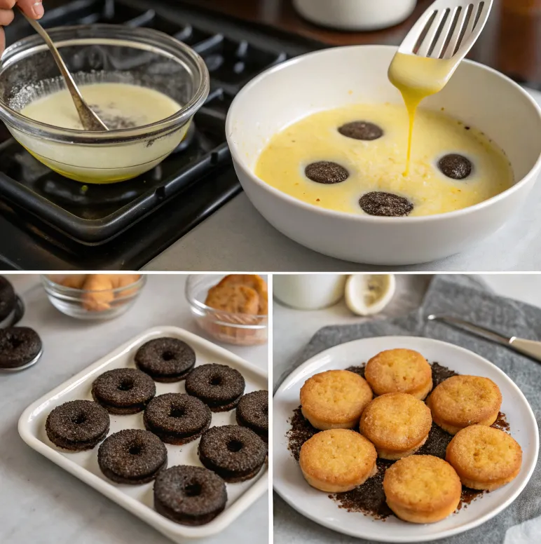 Step-by-step process of frying Oreos.