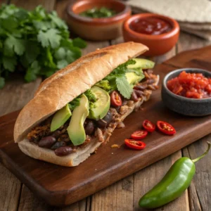 Mexican torta sandwich with colorful fillings on a rustic table