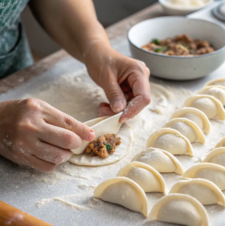 Hands folding dumplings with rows of dumplings in the background