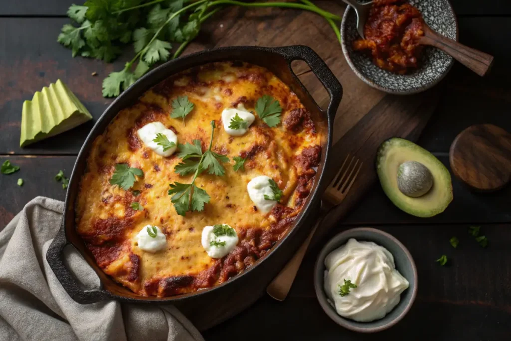 Delicious homemade enchilada casserole with melted cheese and toppings.