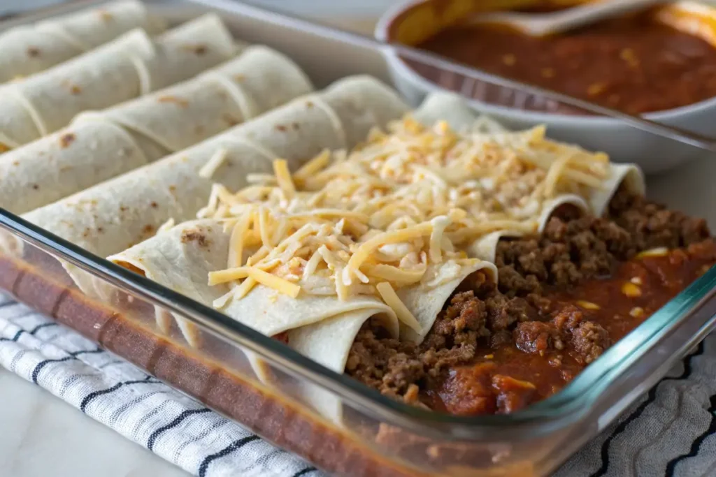 Layering the ingredients for an enchilada casserole: tortillas, beef, sauce, and cheese.