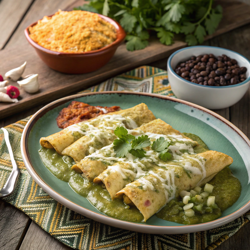 Plate of enchiladas suizas with creamy green sauce and melted cheese.