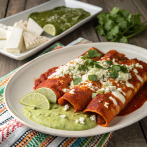 Enchiladas and enchiladas suizas side by side on a rustic plate