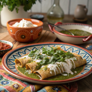 Enchiladas suizas with creamy sauce and melted cheese.