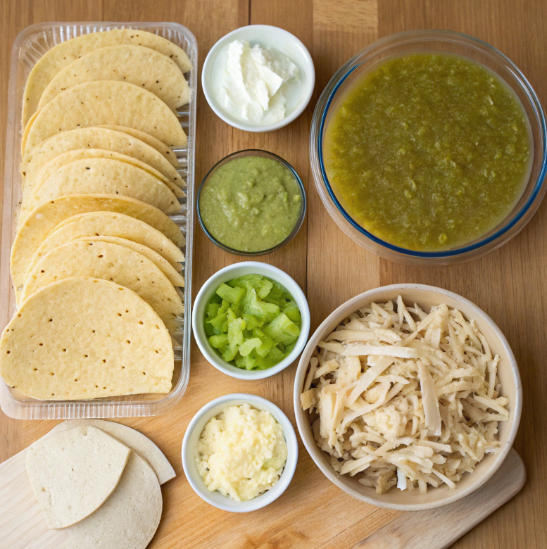 Ingredients for enchiladas suizas on a wooden table.