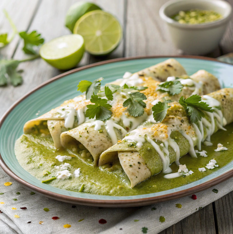 Enchiladas Suizas with creamy Suiza sauce on a wooden table