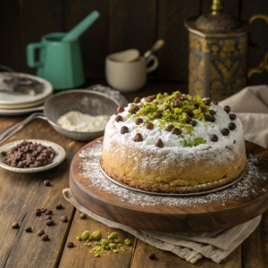 Italian cannoli cake garnished with pistachios and chocolate chips.