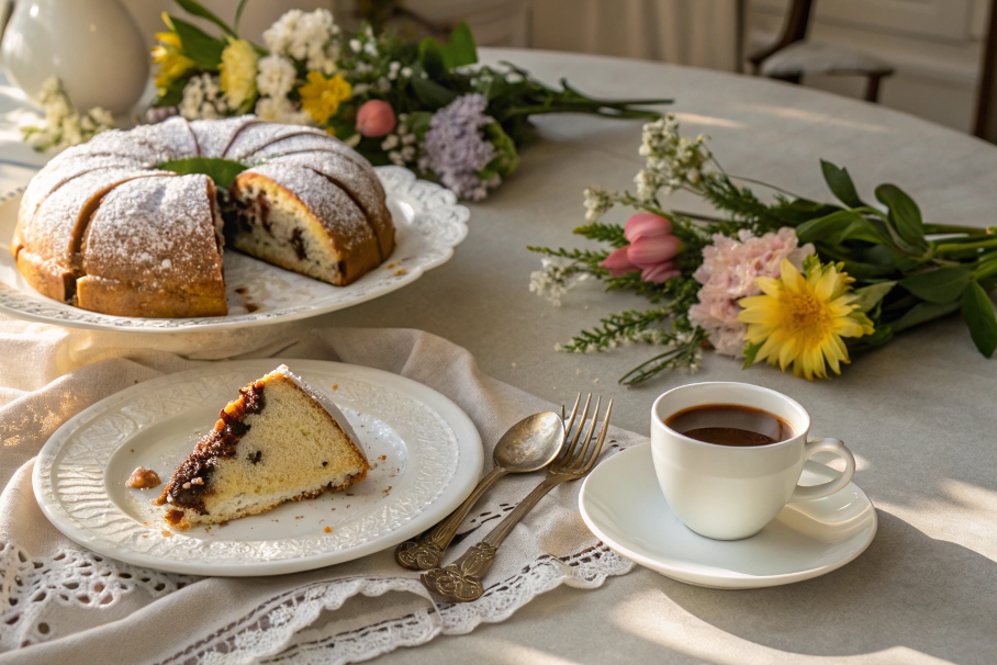 Sliced cannoli cake served with espresso and flowers.