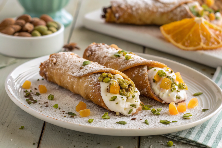 Traditional Sicilian cannoli with pistachio garnish and powdered sugar.