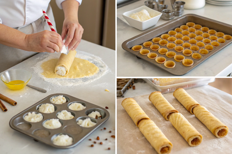 Step-by-step cannoli preparation process with tools and ingredients.