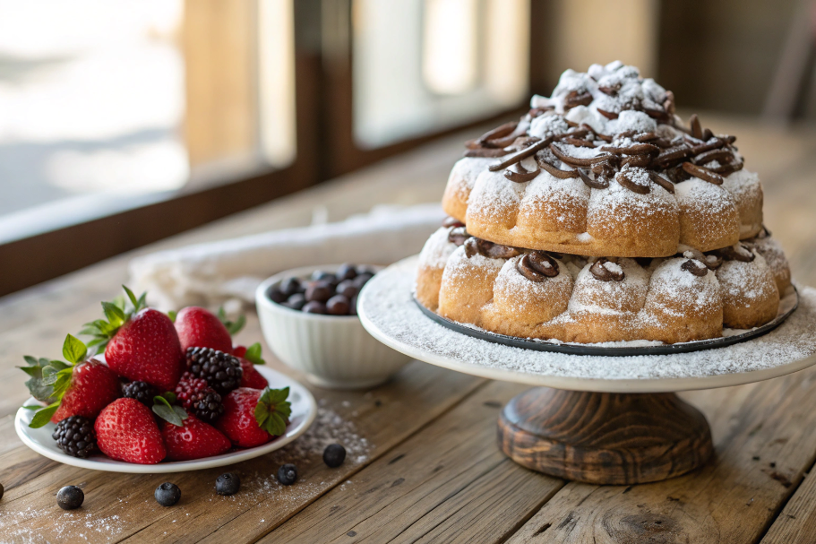 Cannoli cake on a wooden table with powdered sugar and berries