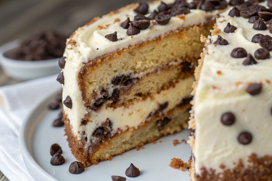 Close-up of a sliced cannoli cake showing creamy filling and layers