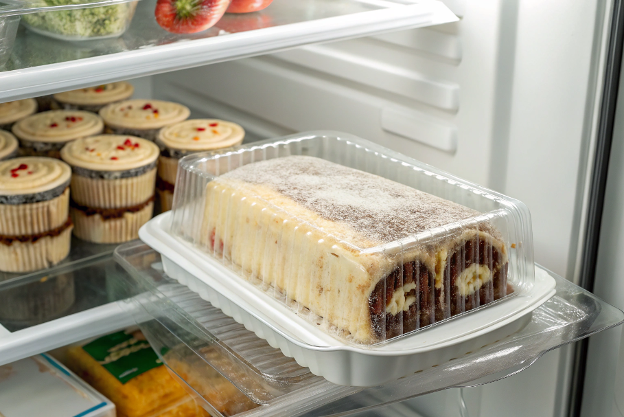 Cannoli cake stored in an airtight container in a fridge