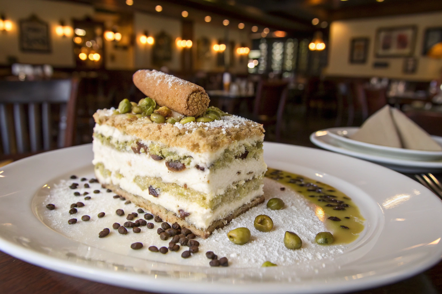 A slice of Cannoli Cake at Carrabba’s, featuring ricotta filling, chocolate chips, and pistachios.