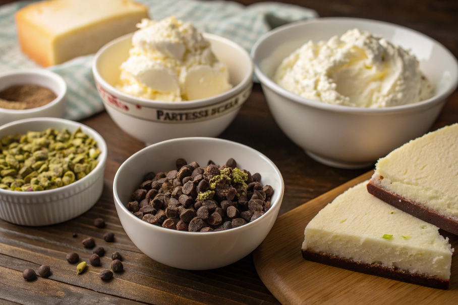 Ingredients used in Cannoli Cake at Carrabba's: ricotta, pistachios, chocolate chips, and vanilla sponge.