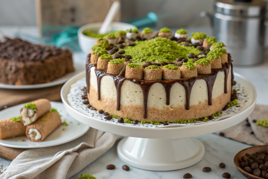 Fully assembled Cannoli Cake with pistachio garnish, chocolate drizzle, and mini cannoli on top.