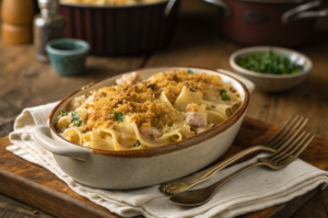 Tuna noodle casserole with golden breadcrumbs served in a ceramic dish