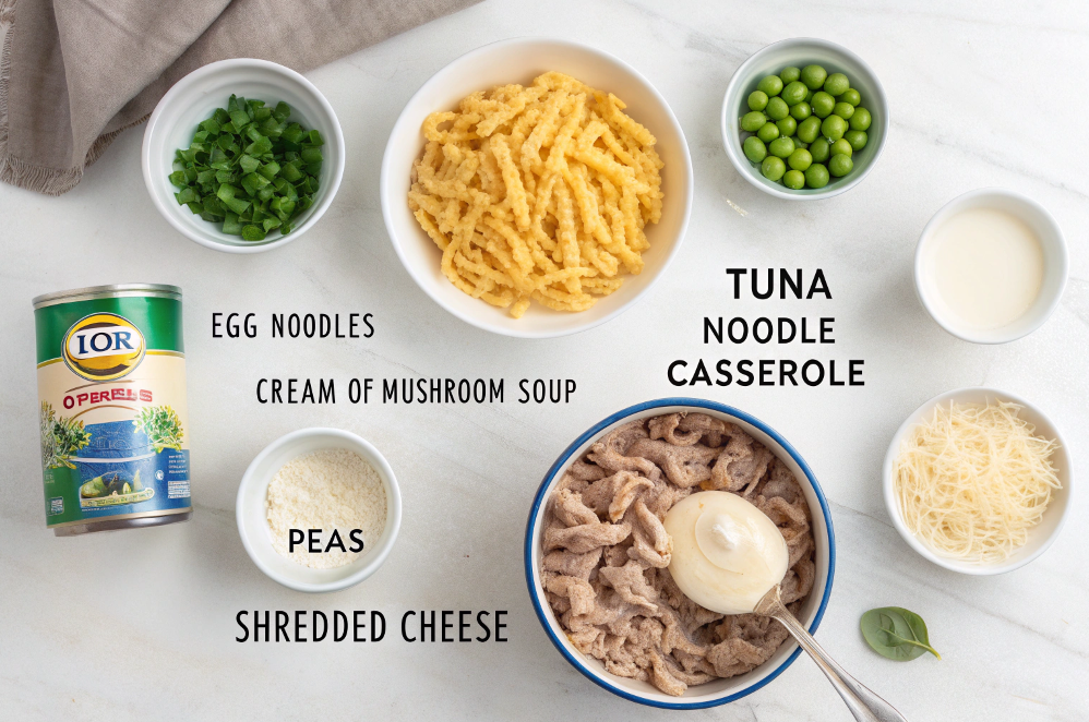 Ingredients for tuna noodle casserole arranged on a counter