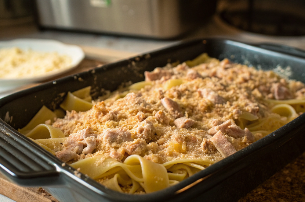 Tuna noodle casserole being assembled with layers of noodles and creamy sauce