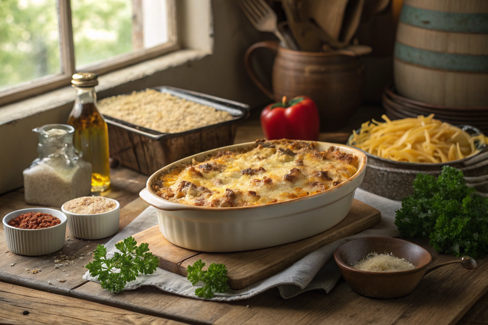 Freshly baked tuna casserole with golden cheese crust and parsley garnish in a rustic kitchen.