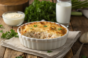 A perfectly baked tuna casserole with a golden crust and creamy interior.