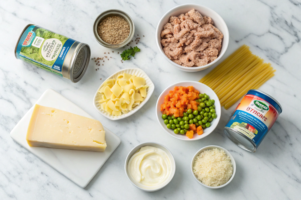  Ingredients for tuna casserole laid out on a marble countertop.