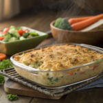 Baked tuna casserole with breadcrumbs on top and fresh vegetables.