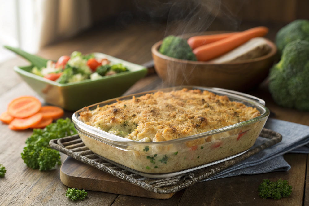 Baked tuna casserole with breadcrumbs on top and fresh vegetables.