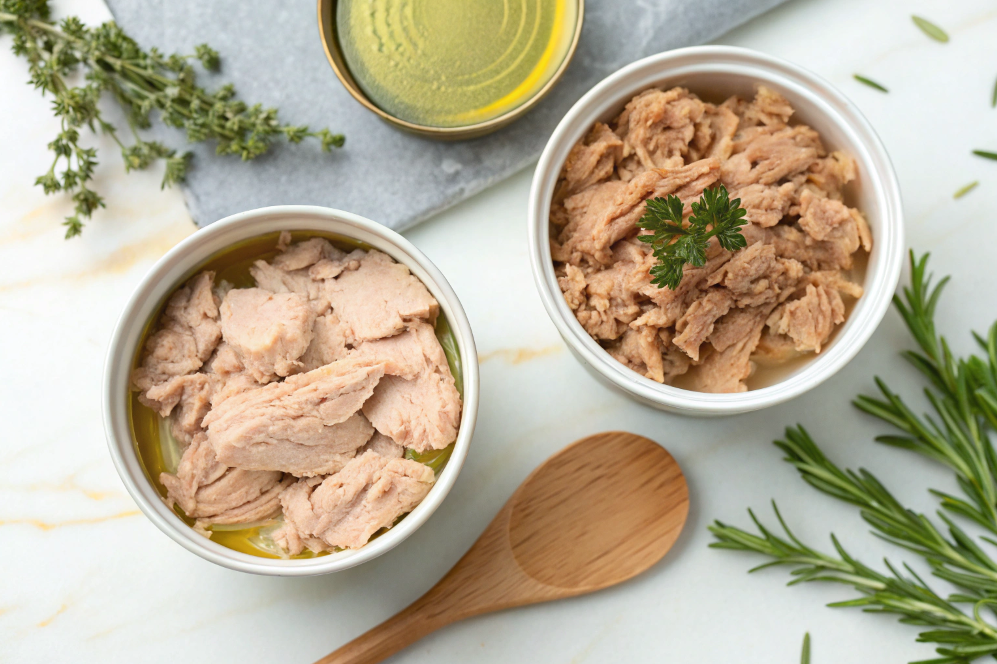 Canned tuna in water and oil in white bowls side-by-side.