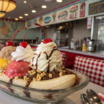 A classic banana split in a vintage diner setting.