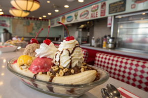 A classic banana split in a vintage diner setting.