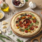 Hummus pizza with roasted vegetables and fresh herbs on a wooden table.