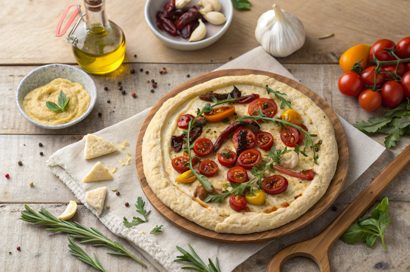 Hummus pizza with roasted vegetables and fresh herbs on a wooden table.