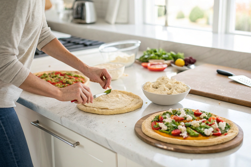 Step-by-step preparation of hummus pizza with fresh toppings.