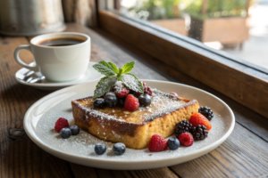 Crème brûlée French toast garnished with fresh berries and mint