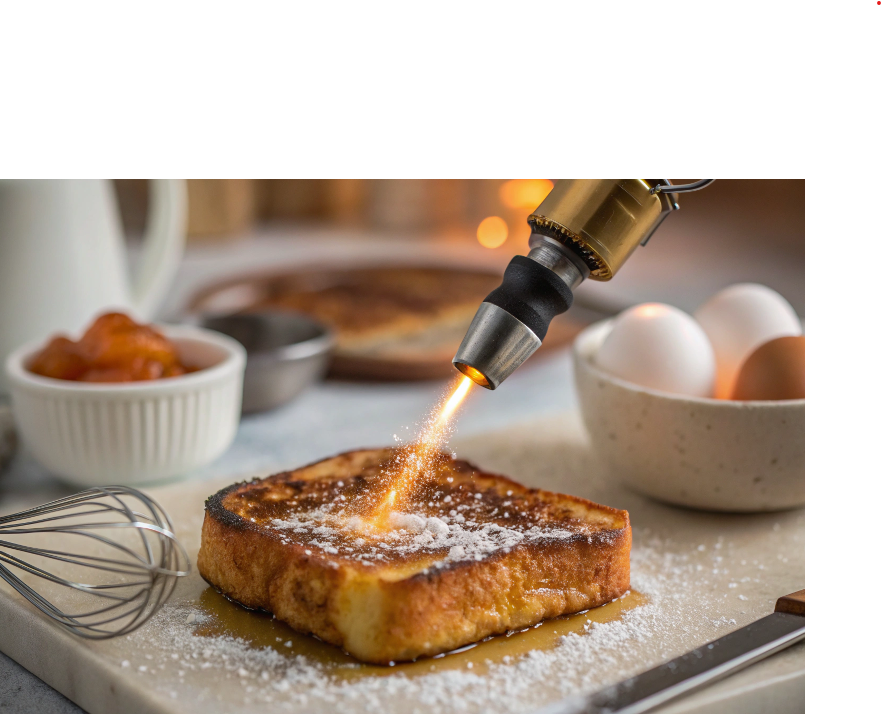 Caramelizing sugar on crème brûlée French toast with a torch.