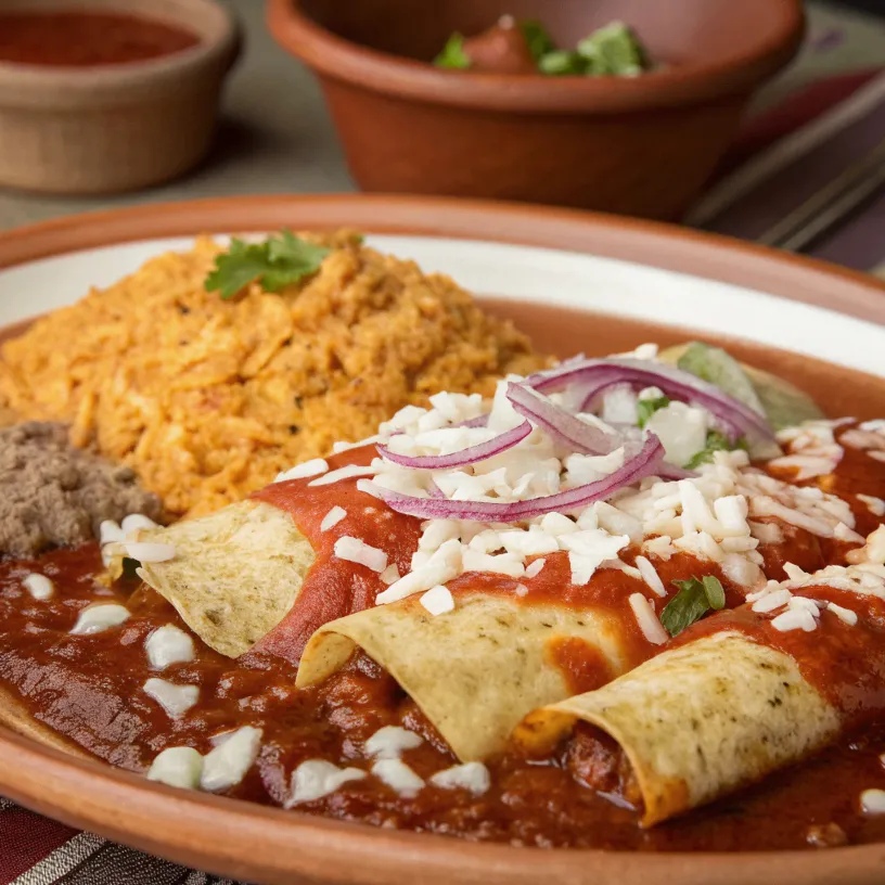 Traditional enchiladas with red sauce and side dishes.