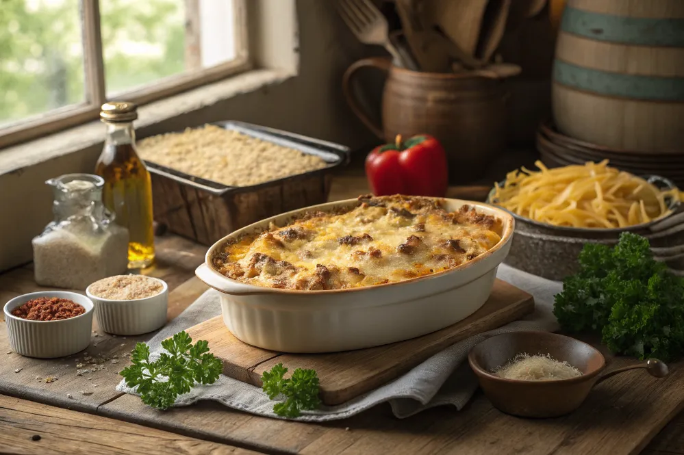 Golden Tuna Casserole in Rustic Kitchen Setting